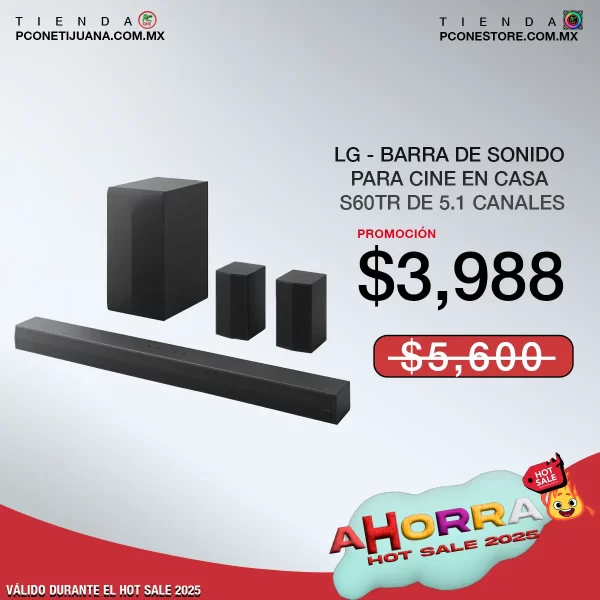 LG Barra de sonido para cine en casa S60TR de 5.1 canales con subwoofer inalámbrico y altavoces traseros, Dolby Audio - Negro - Imagen 2